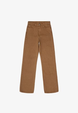 Brown wide-leg denim trousers with a high waist, five pockets, and metal button closure. Fabric texture appears smooth with a matte finish.