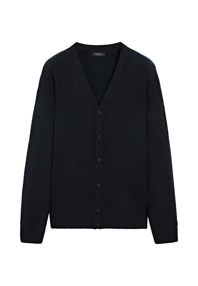 Svart ribbad stickad cardigan med långa ärmar, V-ringning och sex framknappar, liggande platt på vit bakgrund.