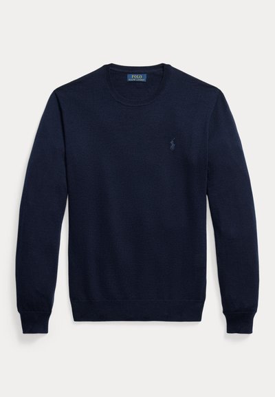 Тъмносин пуловер с дълъг ръкав и кръгло деколте с малко бродирано лого Polo Ralph Lauren от лявата страна на гърдите.