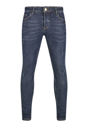 Mørkeblå jeans i skinny passform laget av denim, med lett slitasje, broderte detaljer, lukking med knapp foran, og fem lommer.
