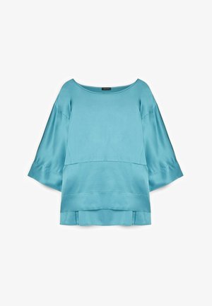 Hellblaue Bluse mit lockerer Passform, dreiviertellangen, weiten Ärmeln, U-Boot-Ausschnitt und mehrlagigem Saumdetail.