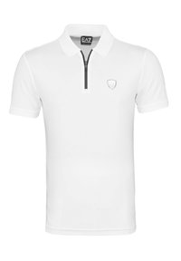 White polo shirt with a short collar and zip closure, featuring a small black logo on the chest and short sleeves. Smooth fabric texture.