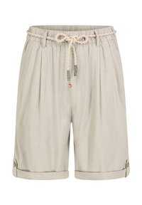 Light gray shorts made of soft fabric, featuring an elastic waistband with a braided drawstring and rolled cuffs secured by buttons.