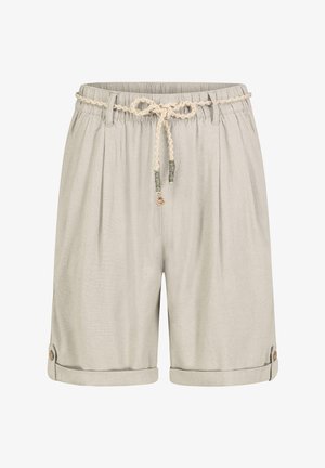 Light gray shorts made of soft fabric, featuring an elastic waistband with a braided drawstring and rolled cuffs secured by buttons.