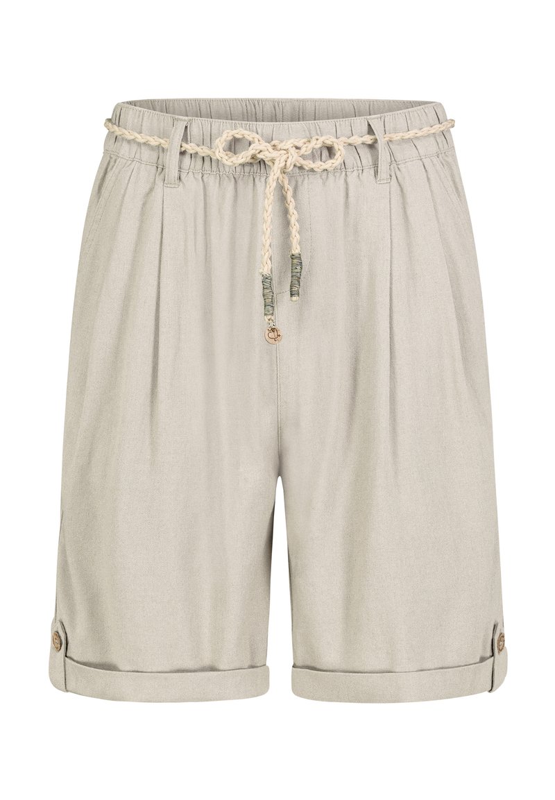 Light gray shorts made of soft fabric, featuring an elastic waistband with a braided drawstring and rolled cuffs secured by buttons.