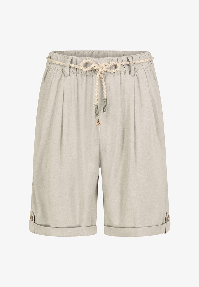 Light gray shorts made of soft fabric, featuring an elastic waistband with a braided drawstring and rolled cuffs secured by buttons.