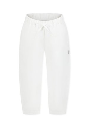 Pantaloni leggeri bianchi con elastico in vita e cordoncino. Presentano tasche laterali e un piccolo etichetta del brand sul lato sinistro.