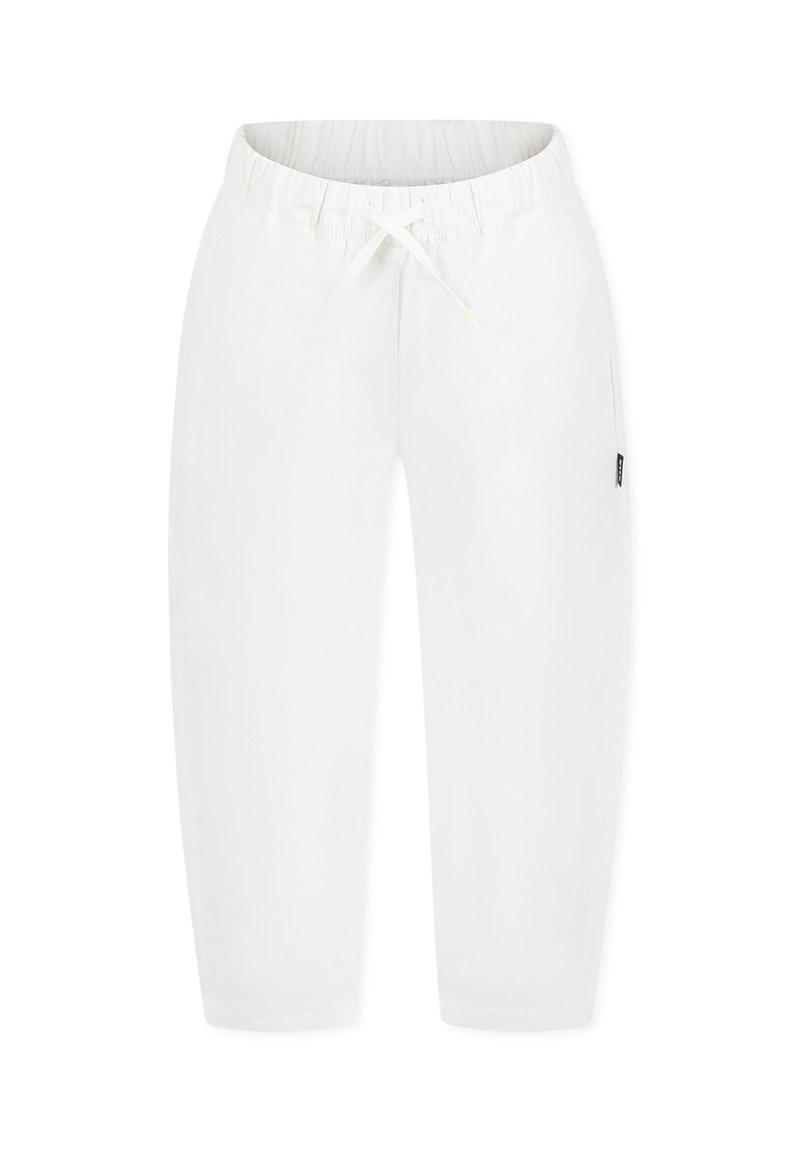 Pantaloni leggeri bianchi con elastico in vita e cordoncino. Presentano tasche laterali e un piccolo etichetta del brand sul lato sinistro.