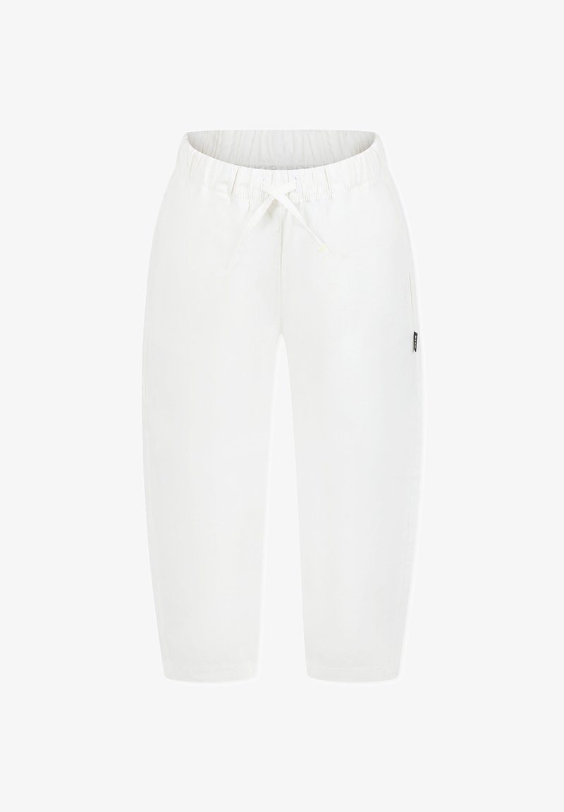 Pantaloni leggeri bianchi con elastico in vita e cordoncino. Presentano tasche laterali e un piccolo etichetta del brand sul lato sinistro.