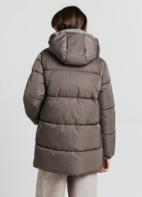 Padded, long-sleeve, hooded jacket in muted brown, featuring horizontal quilted sections and elastic cuffs. Smooth, shiny fabric texture.