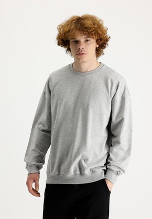 Helles graues Sweatshirt aus weichem Stoff, mit Rundhalsausschnitt, langen Ärmeln und gerippten Bündchen, mit lockerer Passform und minimaler Ausstattung.