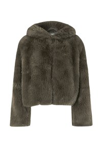 Kratka jakna s kapuco iz temno sivega umetnega krzna. Ima dolge rokave in mehko, teksturirano površino z enostavnim, čistim dizajnom.