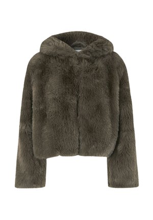 Κοντό τζάκετ με κουκούλα σε σκούρο γκρι συνθετική γούνα. Διαθέτει μακριά μανίκια και μια απαλή, υφασμάτινη επιφάνεια με απλό και καθαρό σχέδιο.