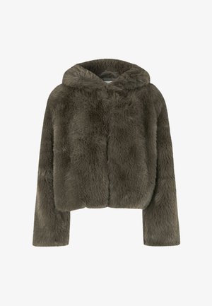 Hooded cropped jacket in dark grey faux fur. Features long sleeves and a soft, textured surface with a simple, clean design.