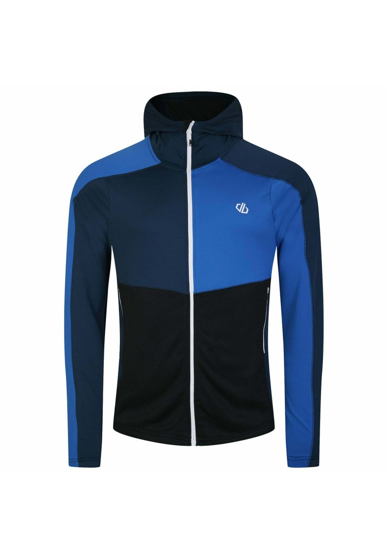 Herren Zip-Jacke in Marineblau, Hellblau und Schwarz. Verfügt über eine Kapuze, lange Ärmel und einen weißen Reißverschluss. Logo auf der Brust.