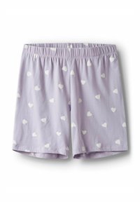 Shorts violet clair avec une texture douce, ornés d'un motif de petits cœurs blancs et dotés d'une taille élastique pour le confort.