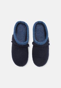 Wool slippers featuring a dark navy exterior and a lighter blue collar. Rounded design with a soft, textured finish. No visible hardware.