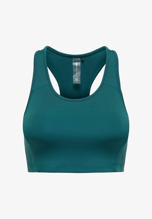 Teal sports bra featuring a racerback design, smooth texture, and contrasting stitch details. Label visible at the neckline.