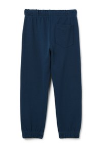 Navy blue joggers made of soft fabric with an elastic waistband and gathered cuffs. Includes a single, angled back pocket.
