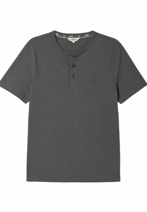 Mørkegrå Henley-T-shirt med korte ærmer, tre mørke knapper og et diskret broderet logo på venstre bryst.