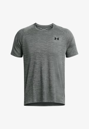 Grijze sportt-shirt met een ronde hals, korte mouwen en een subtiel horizontaal gestreept patroon. Heeft een zwart logo op de borst.