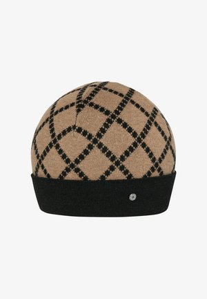 Knit beanie in tan with black diamond pattern; features a black ribbed cuff and a small logo detail at the front.