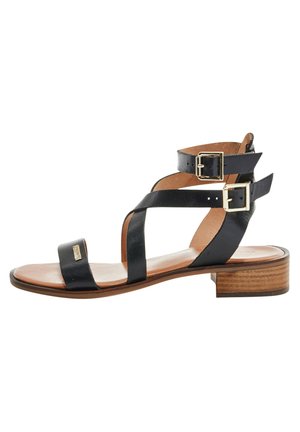 Black leather sandal with two ankle straps, gold buckles, and a wooden block heel. Smooth texture and open toe design.