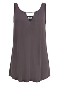 Ärmelloses Oberteil aus dunkelgrauem Stoff mit einem Rundhalsausschnitt und einem kleinen Schlüssel-Ausschnitt in der Brustmitte. Glatte Textur und lockere Passform.