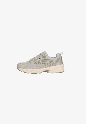 Lichtgrijze sneaker met een bovenwerk van mesh en synthetisch materiaal, voorzien van een textuurontwerp, veters en een crèmekleurige rubberen zool.