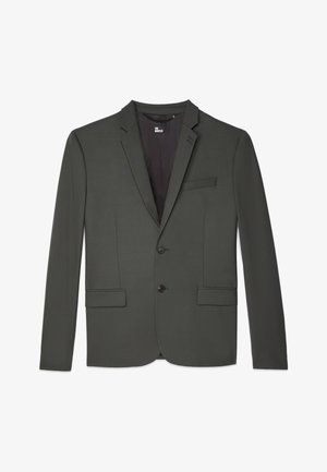 Donkergrijze blazer met twee knopen, geknipte revers, borstzak en twee voorzakken. Gladde textuur, getailleerde pasvorm.