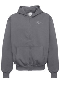 Grå zip-up hættetrøje lavet af en bomuldsblanding, med en kængurulomme, ribbede manchetter og kant samt et hvidt logo broderet på brystet.