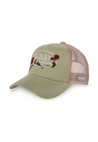 Casquette de baseball Von Dutch vert clair avec broderie de rose rouge et panneau arrière en filet beige sur un fond blanc.