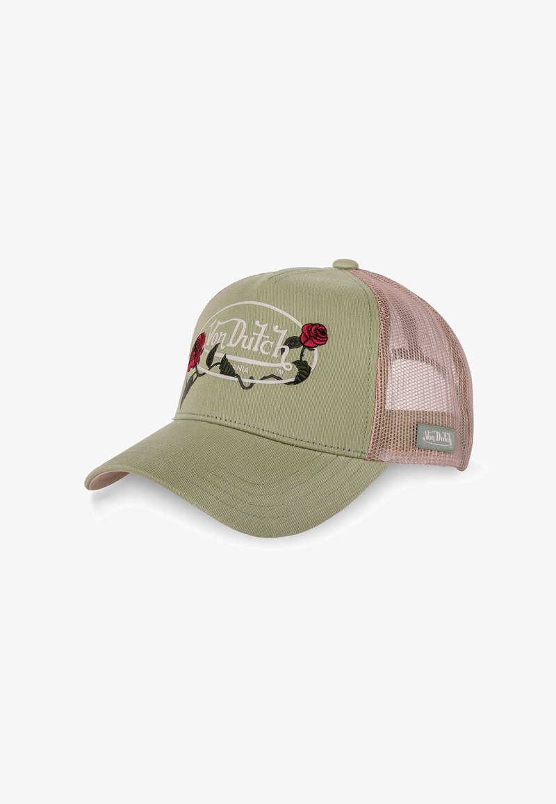 Casquette de baseball Von Dutch vert clair avec broderie de rose rouge et panneau arrière en filet beige sur un fond blanc.