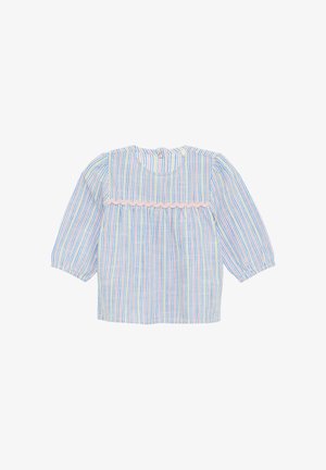 Leichtes, mehrfarbig gestreiftes Hemd mit langen Ärmeln, rundem Halsausschnitt und gewelltem Detail über der Schulterpartie. Aus Baumwollstoff.