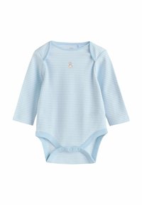 Ljusblå randig långärmad body med en liten björnbrodyr på bröstet. Har rund halsringning och knappstängning nedtill.