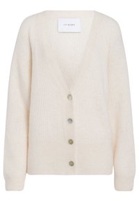 Cardigan crema a V con maniche lunghe, cinque bottoni in diverse tonalità di verde, texture a coste, realizzato in materiale morbido.