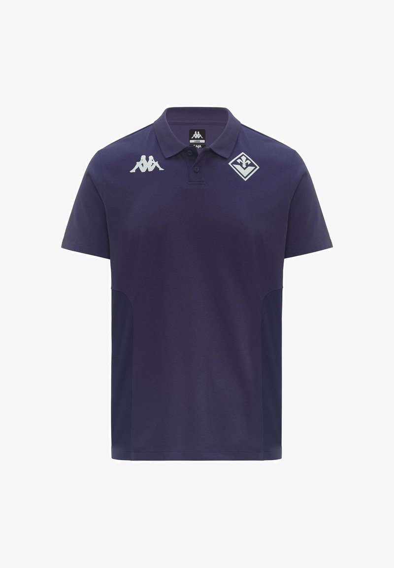Polo bleu marine à manches courtes, col boutonné, logo Kappa sur la poitrine gauche et emblème du club de football Fiorentina sur la poitrine droite.