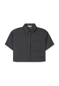 Cropped shirt nera corta con colletto, chiusura con bottoni, maniche corte e taschino sul petto. Realizzata in tessuto morbido.