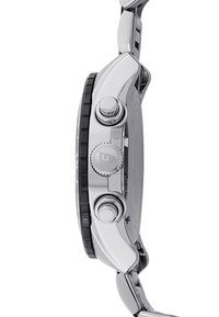 Orologio sportivo in acciaio inossidabile con una lunetta nera, due pulsanti e una corona testurizzata, con una finitura liscia e lucida.
