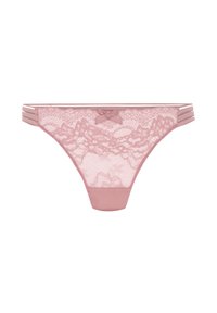 Rosa Spitzenstring mit durchsichtigen Blumenmustern, einem satinierten Schleifendetail vorne und elastischen Bändchen an den Seiten.