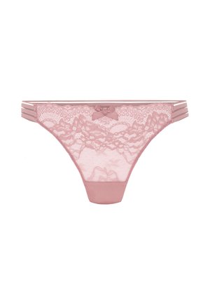 Rosa Spitzenstring mit durchsichtigen Blumenmustern, einem satinierten Schleifendetail vorne und elastischen Bändchen an den Seiten.