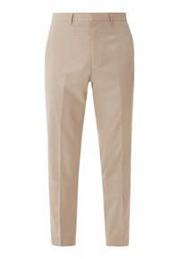 Beige, op maat gemaakte broek met een gladde textuur, voorzien van een rechte pasvorm, subtiele zijplooien en een klassiek taillebandontwerp.