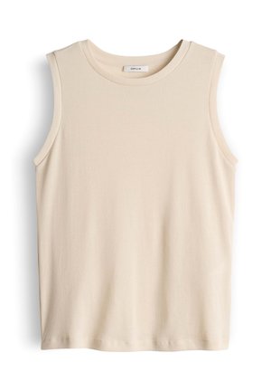 Ärmelloses beiges Baumwolloberteil mit rundem Ausschnitt und Markenetikett hinten am inneren Kragen, flach auf weißem Hintergrund liegend.