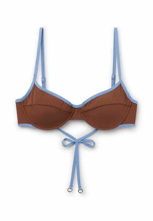 Braunes Bikini-Oberteil mit Bügel, hellblauen verstellbaren Trägern, Einfassung und vorderem Bindendetail mit kleinen goldenen Ringen an den Enden.
