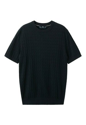 Black short-sleeve knit sweater with a cable pattern, round neckline, and ribbed cuffs and hem.