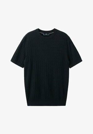 Black short-sleeve knit sweater with a cable pattern, round neckline, and ribbed cuffs and hem.