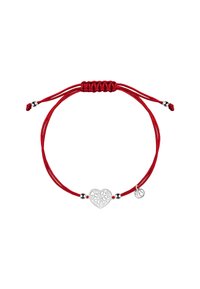 Czerwona regulowana bransoletka z koralików, z centralnym srebrnym sercem filigranowym, dwoma srebrnymi koralikami i małym okrągłym srebrnym charms'em z jednej strony.