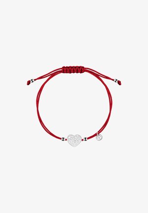 Czerwona regulowana bransoletka z koralików, z centralnym srebrnym sercem filigranowym, dwoma srebrnymi koralikami i małym okrągłym srebrnym charms'em z jednej strony.