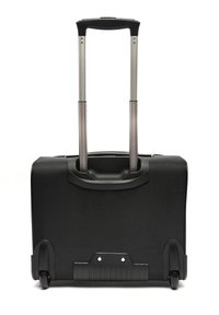 Black rolling suitcase with two extendable metal handles, textured surface, and four wheels for mobility. Design focuses on practicality and durability.
