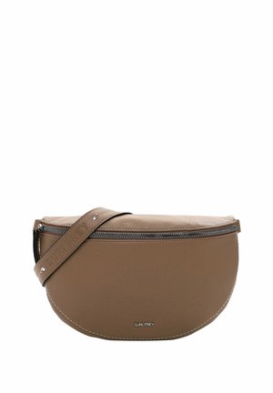 Borsa a tracolla in pelle marrone con forma arrotondata, superficie texturizzata e chiusura a zip argentata. Tracolla regolabile con logo impresso.
